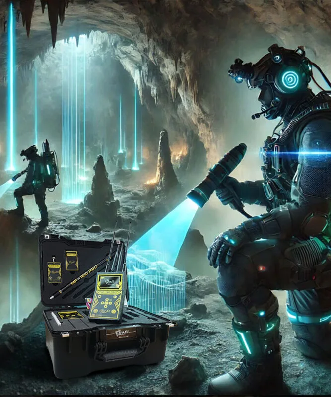 High-tech cave exploration with advanced cave detectors scanning underground chambers, revealing ancient artifacts, mineral deposits, and hidden treasures. Cutting-edge technology in action for archaeologists, geologists, and treasure hunters.