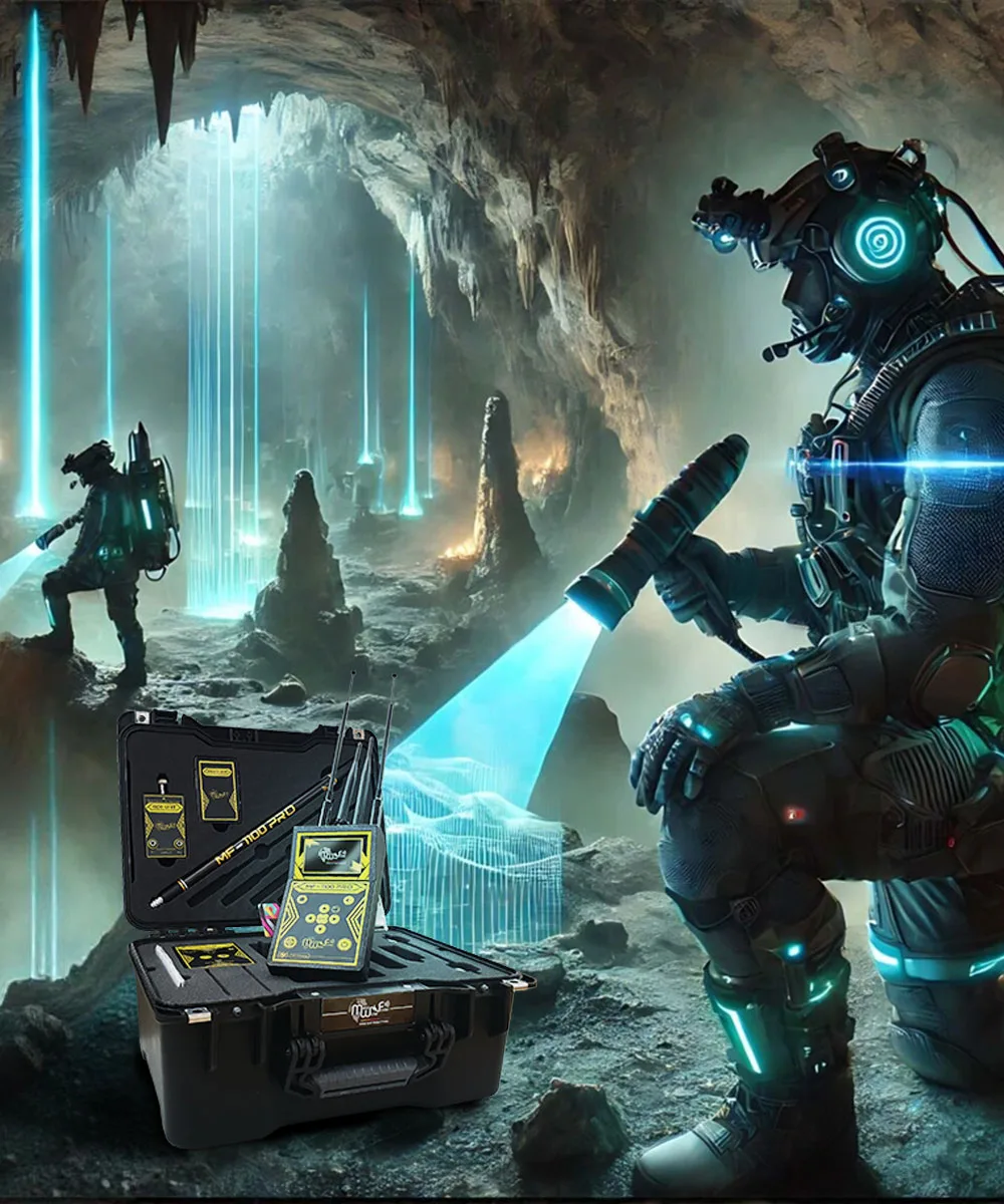 High-tech cave exploration with advanced cave detectors scanning underground chambers, revealing ancient artifacts, mineral deposits, and hidden treasures. Cutting-edge technology in action for archaeologists, geologists, and treasure hunters.