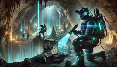 High-tech cave exploration with advanced cave detectors scanning underground chambers, revealing ancient artifacts, mineral deposits, and hidden treasures. Cutting-edge technology in action for archaeologists, geologists, and treasure hunters.