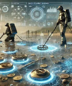 Futuristic metal detectors in action, showcasing advanced detection technology for treasure hunting, archaeology, and security applications. Featuring high-tech scanning, digital displays, and real-time analysis.