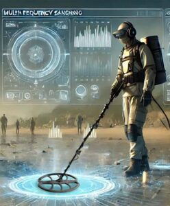 Futuristic metal detectors in action, showcasing advanced detection technology for treasure hunting, archaeology, and security applications. Featuring high-tech scanning, digital displays, and real-time analysis.