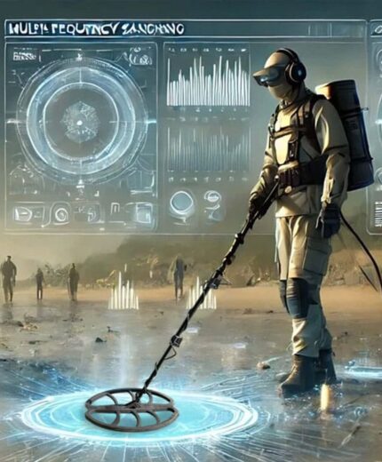 Futuristic metal detectors in action, showcasing advanced detection technology for treasure hunting, archaeology, and security applications. Featuring high-tech scanning, digital displays, and real-time analysis.