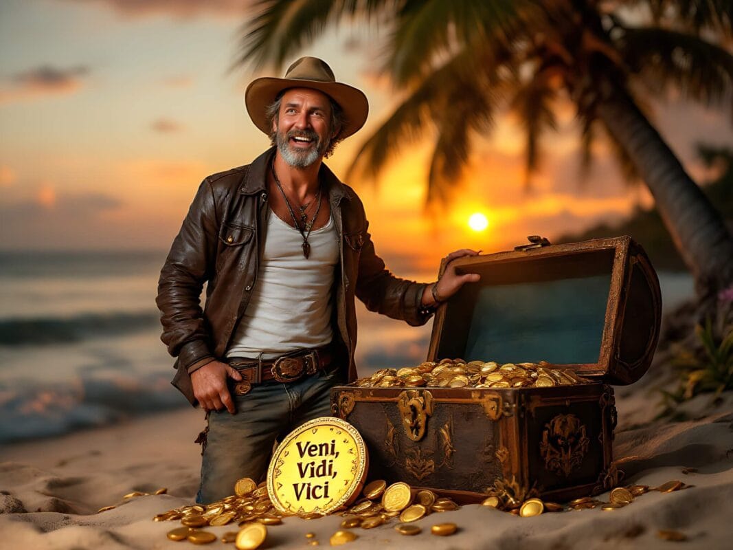 Successful treasure hunter celebrating a discovery