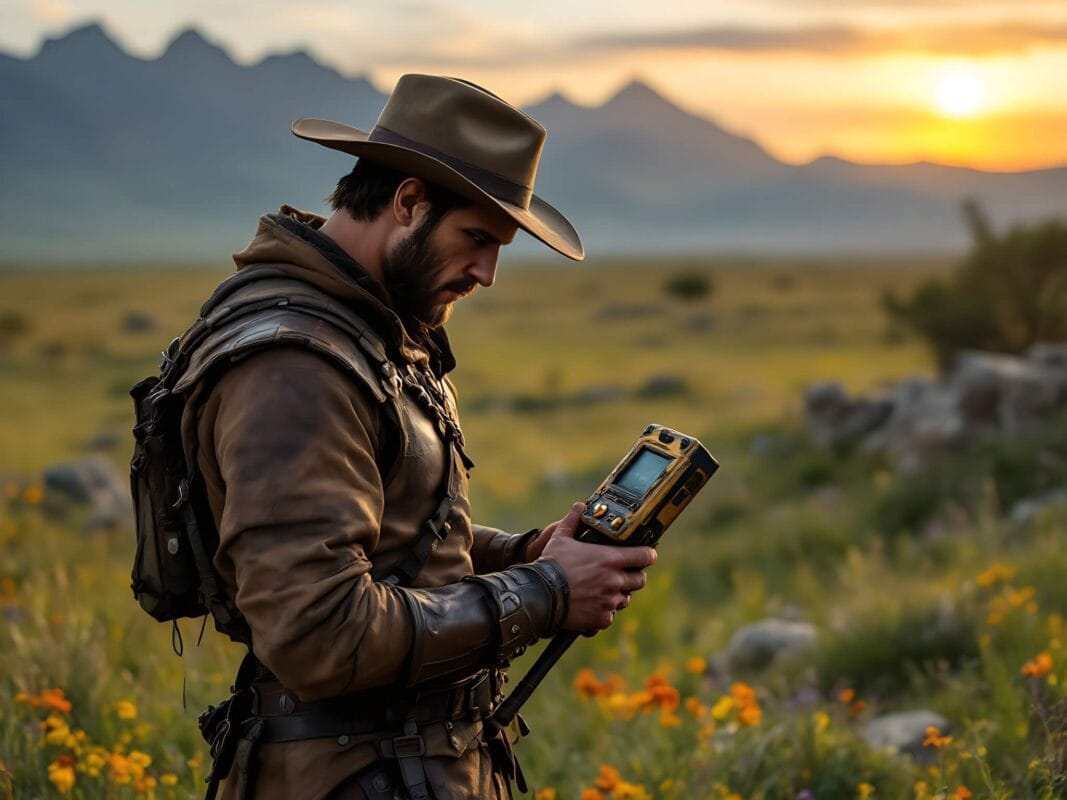 Adventurer with a gold detector in a scenic landscape