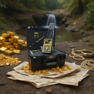 MF 1100 PRO metal detector field kit open beside gold bars, nuggets and jewelry at a riverside dig site, illustrating the device’s long-range gold detection power.