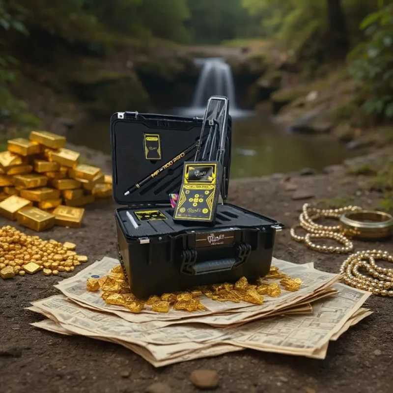 MF 1100 PRO metal detector field kit open beside gold bars, nuggets and jewelry at a riverside dig site, illustrating the device’s long-range gold detection power.
